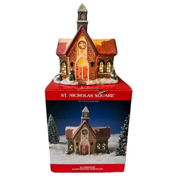 VTG St. Nicholas Square Lighted Hand-Painted Porcelain Church W/ Original Box - Picture 1 of 7